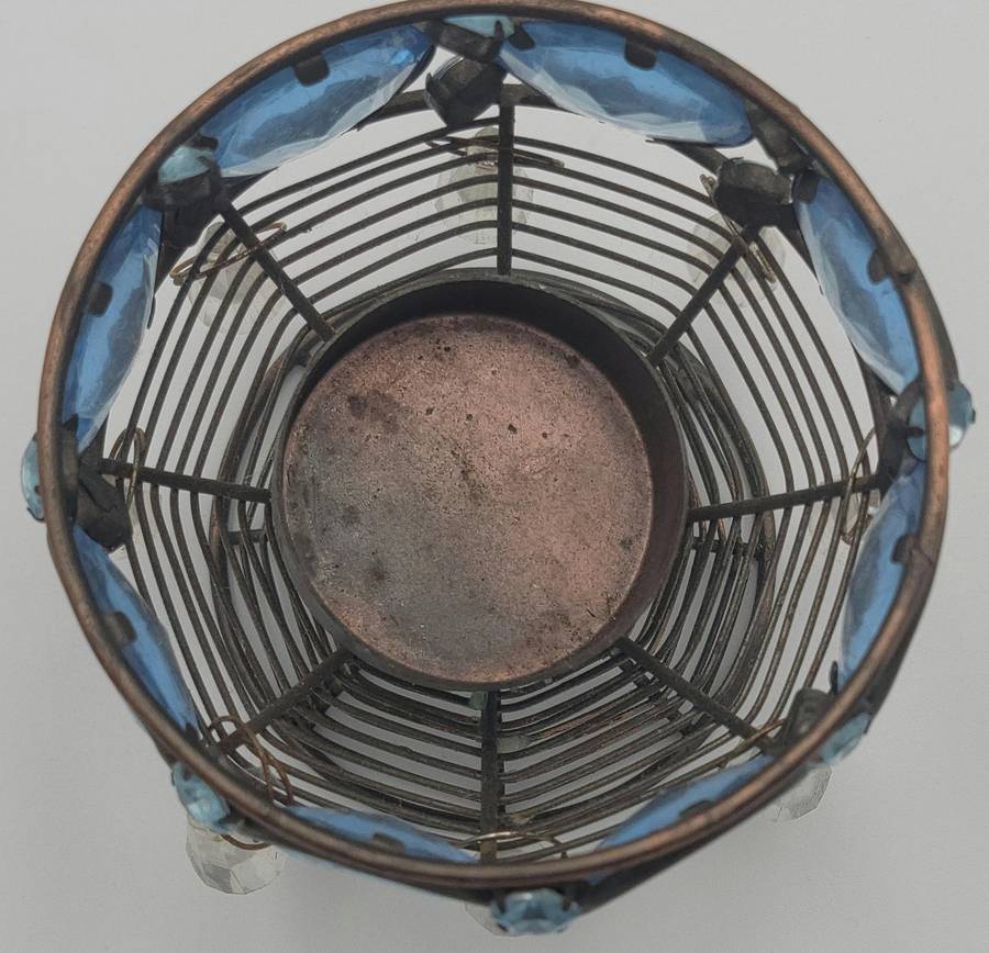 Vintage Blue Cut Glass Tealight Candle Holder - Metal Frame - Lovely Colour