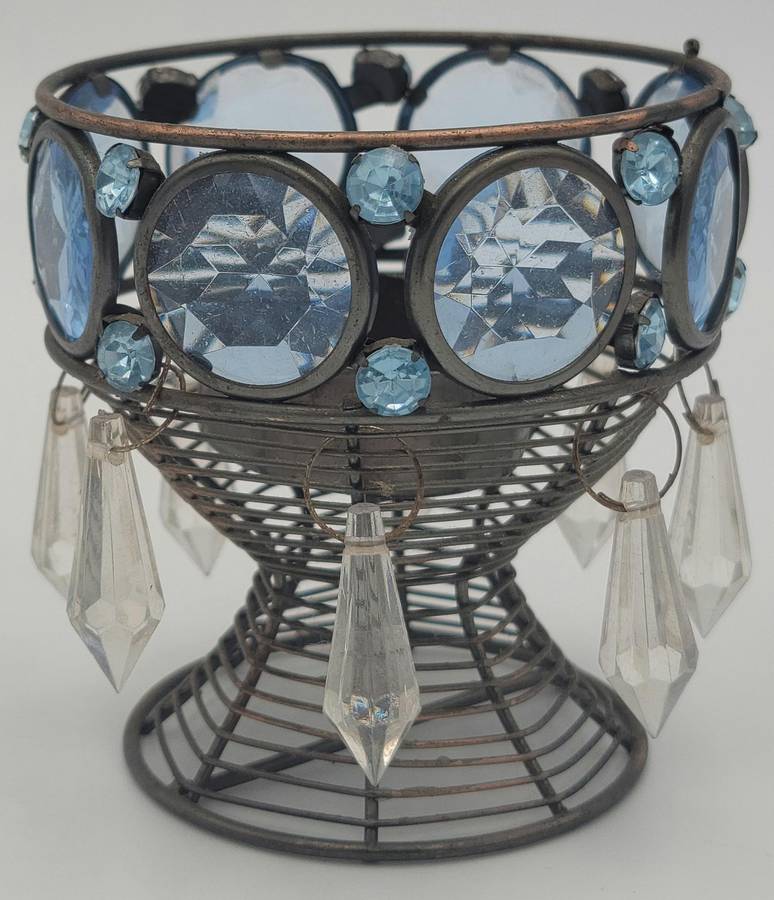 Vintage Blue Cut Glass Tealight Candle Holder - Metal Frame - Lovely Colour