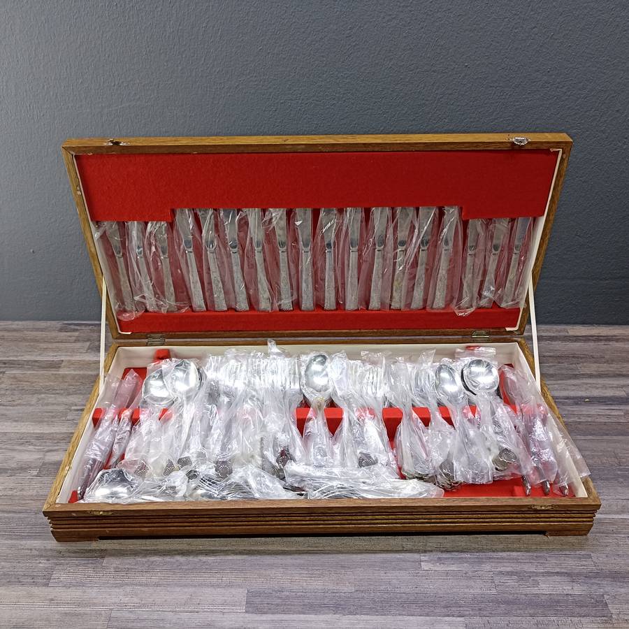 Vintage Large Wood Boxed Cutlery Set, Still Plastic sleeves - 12 Of Everything!!!