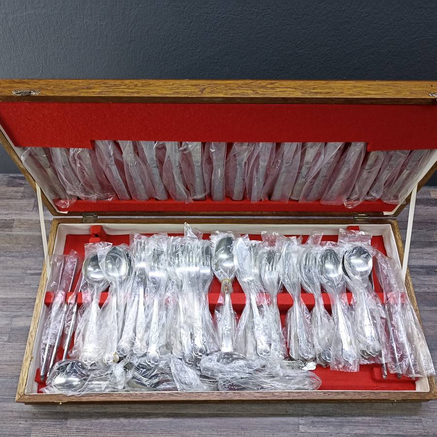 Vintage Large Wood Boxed Cutlery Set, Still Plastic sleeves - 12 Of Everything!!!