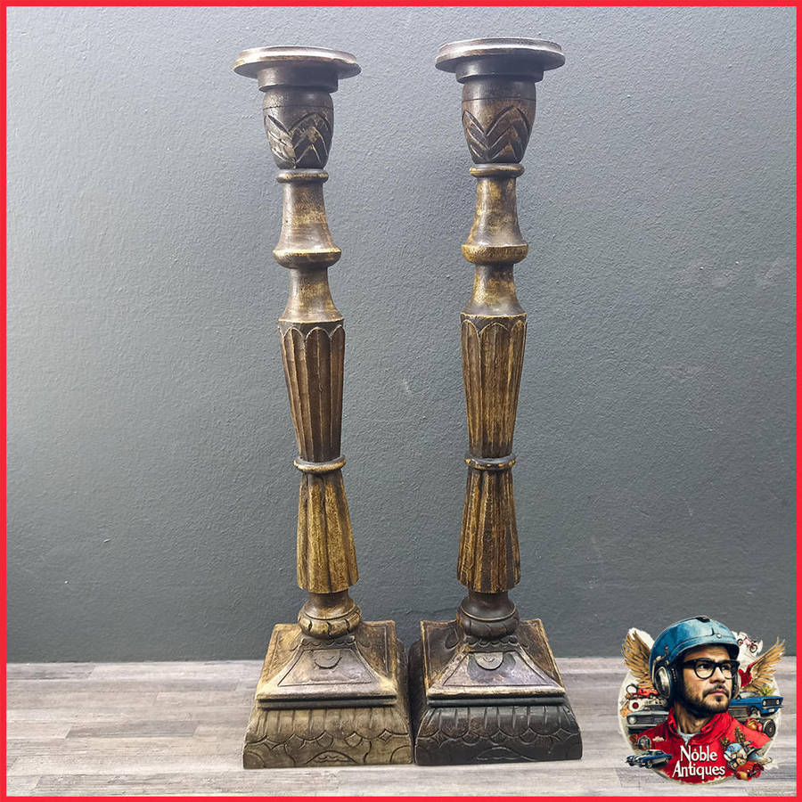 Two Large 60cm Antique Style Wood Candle Stands
