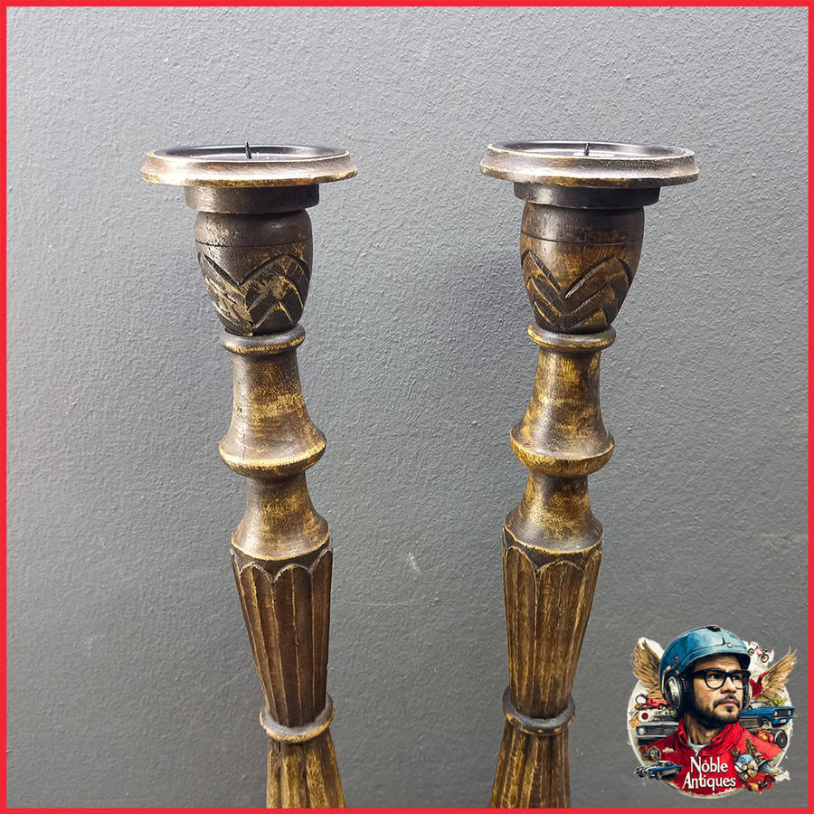 Two Large 60cm Antique Style Wood Candle Stands