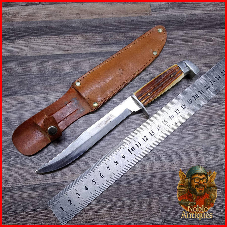 Vintage Fixed Blade Hunting Knife with Leather Sheath
