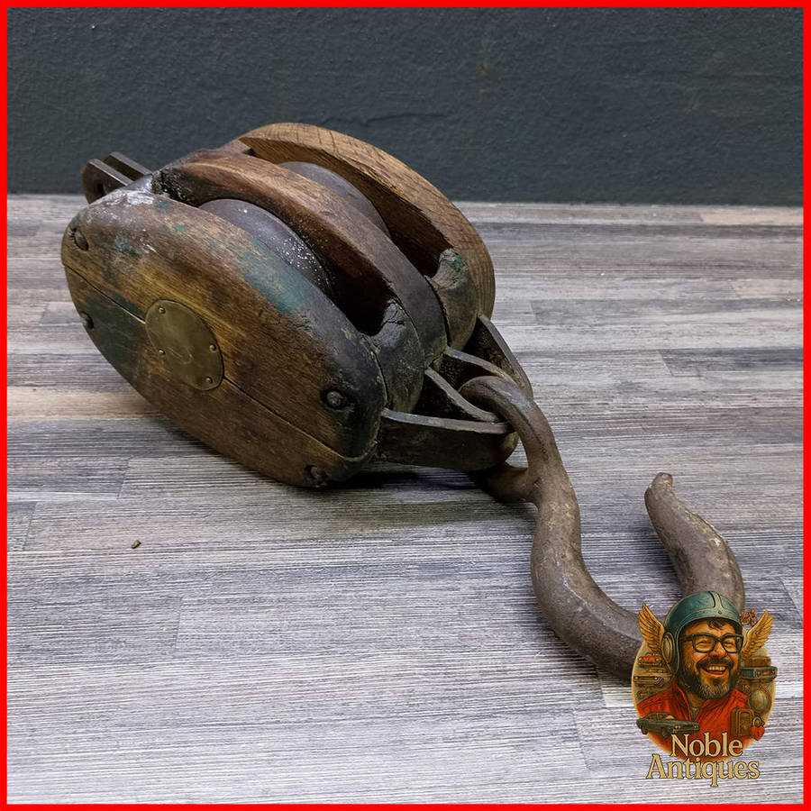Large Antique Wood and Cast Iron Double Pulley Block and Tackle