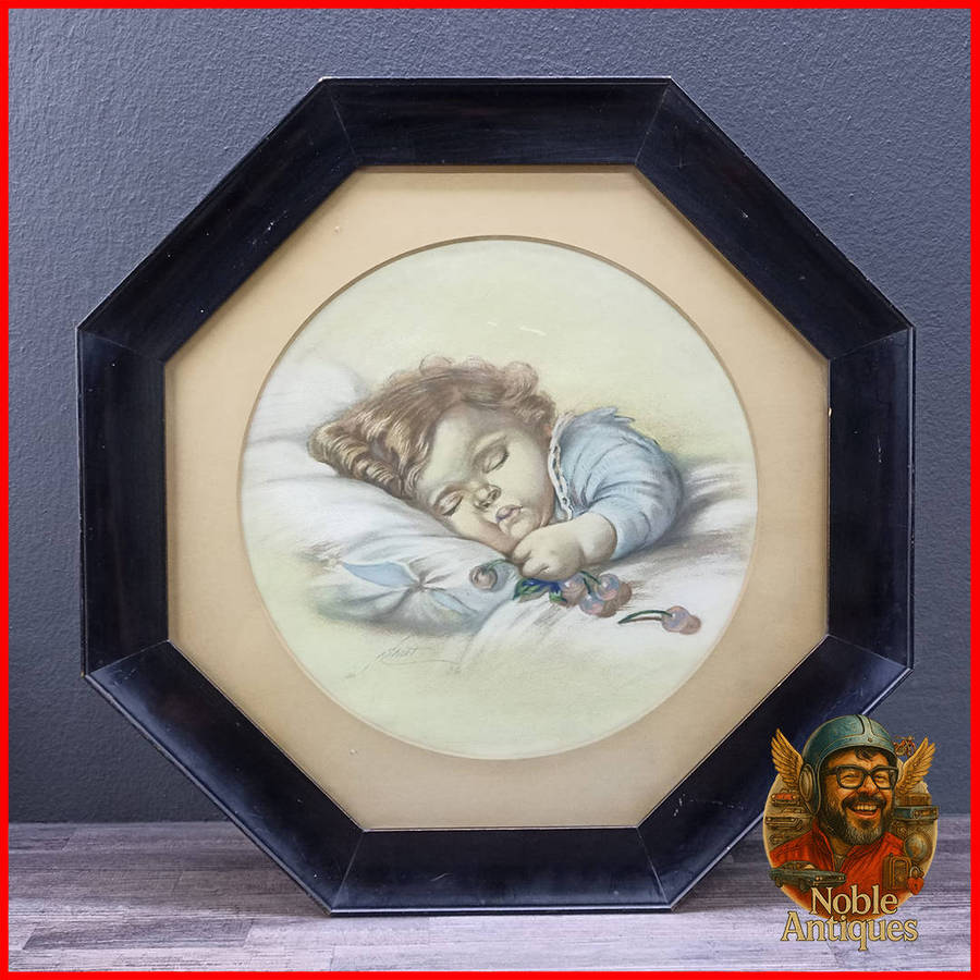Original Framed Baby Sleeping Pastel 1930s Framed