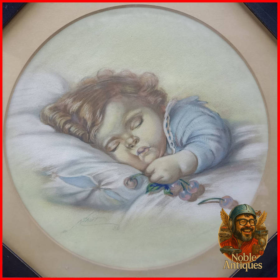 Original Framed Baby Sleeping Pastel 1930s Framed