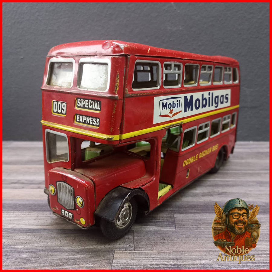 25cm Vintage Japanese TinToy Double Decker Bus Advertising Mobilgas and Goodyear