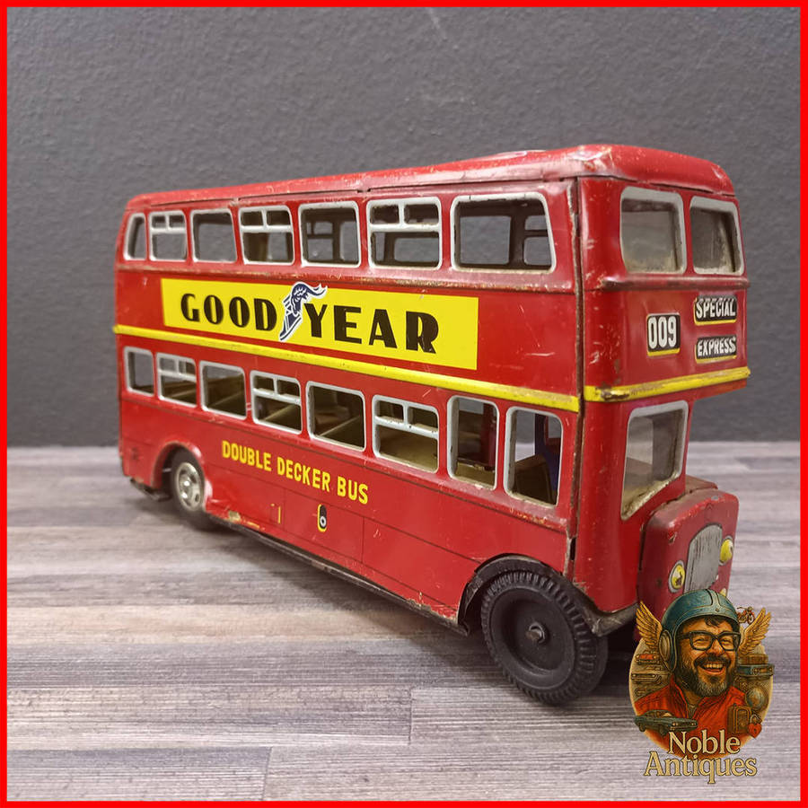 25cm Vintage Japanese TinToy Double Decker Bus Advertising Mobilgas and Goodyear