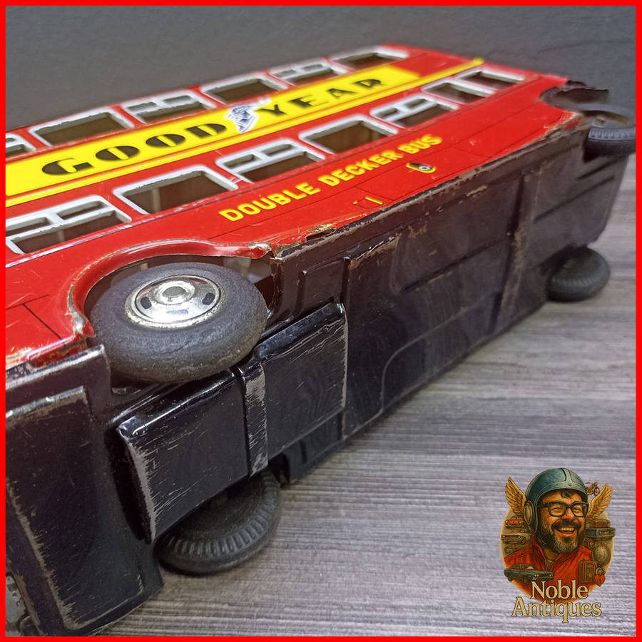 25cm Vintage Japanese TinToy Double Decker Bus Advertising Mobilgas and Goodyear