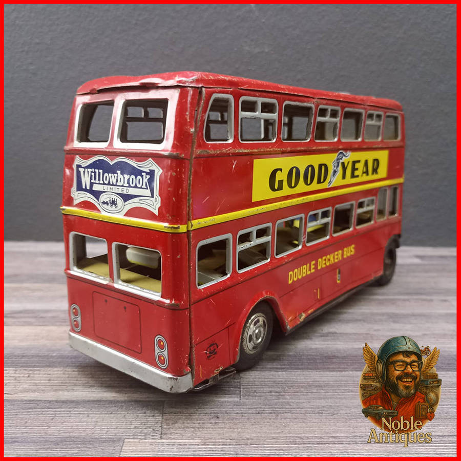 25cm Vintage Japanese TinToy Double Decker Bus Advertising Mobilgas and Goodyear