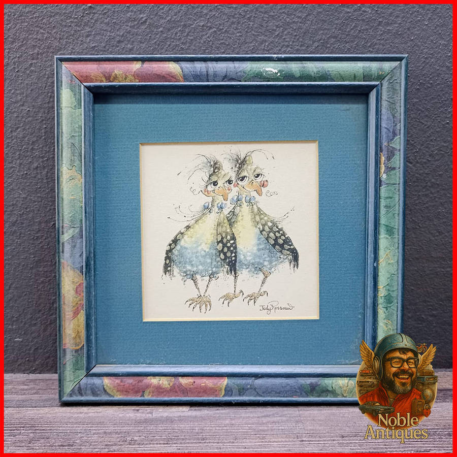 Framed Original "guinea fowl" by artist Judy Rossouw Pen and Watercolour