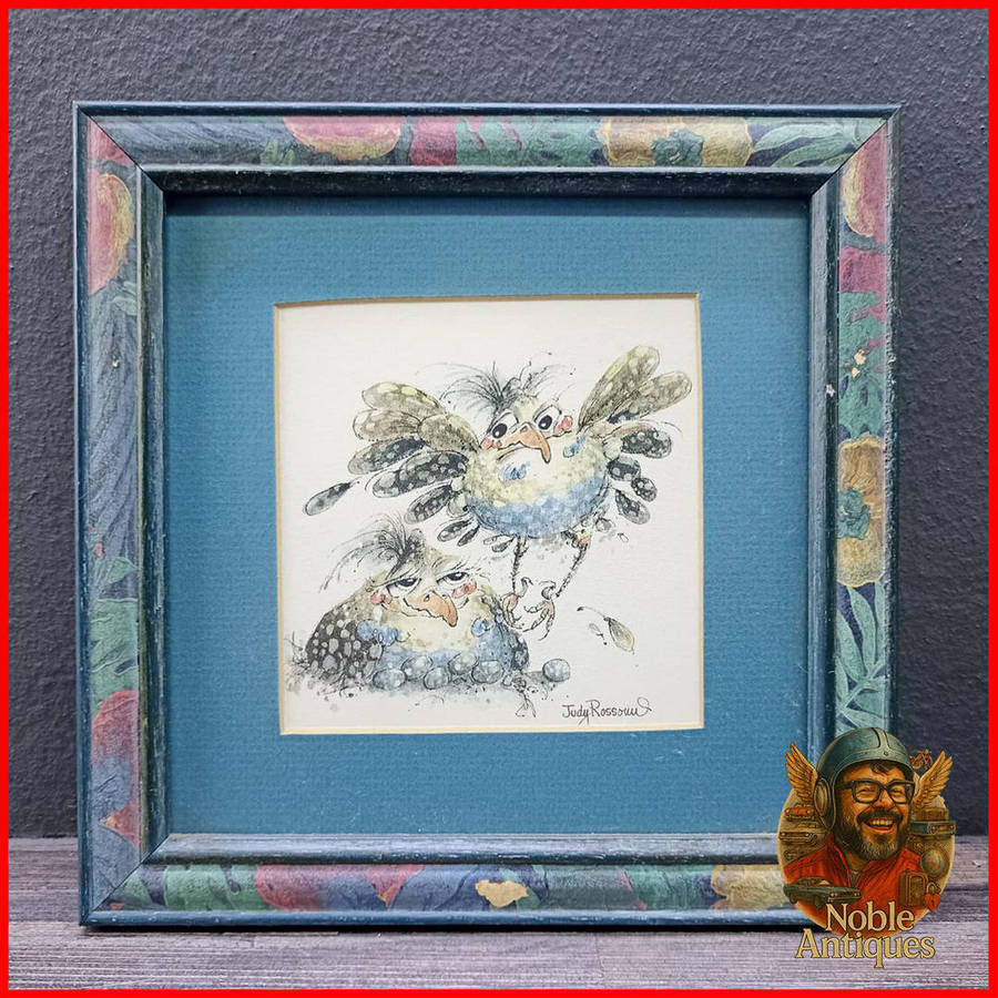 Framed Original "parental guinea fowl" by artist Judy Rossouw Pen and Watercolour