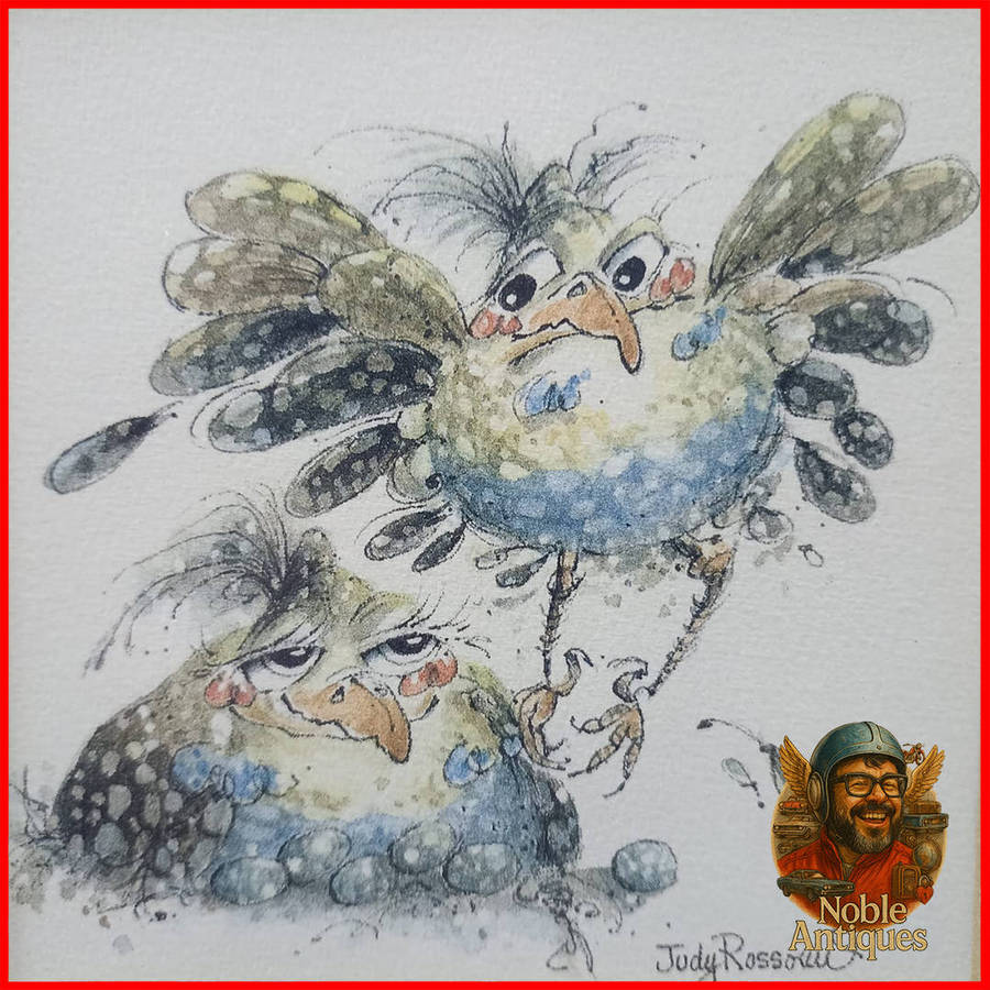 Framed Original "parental guinea fowl" by artist Judy Rossouw Pen and Watercolour