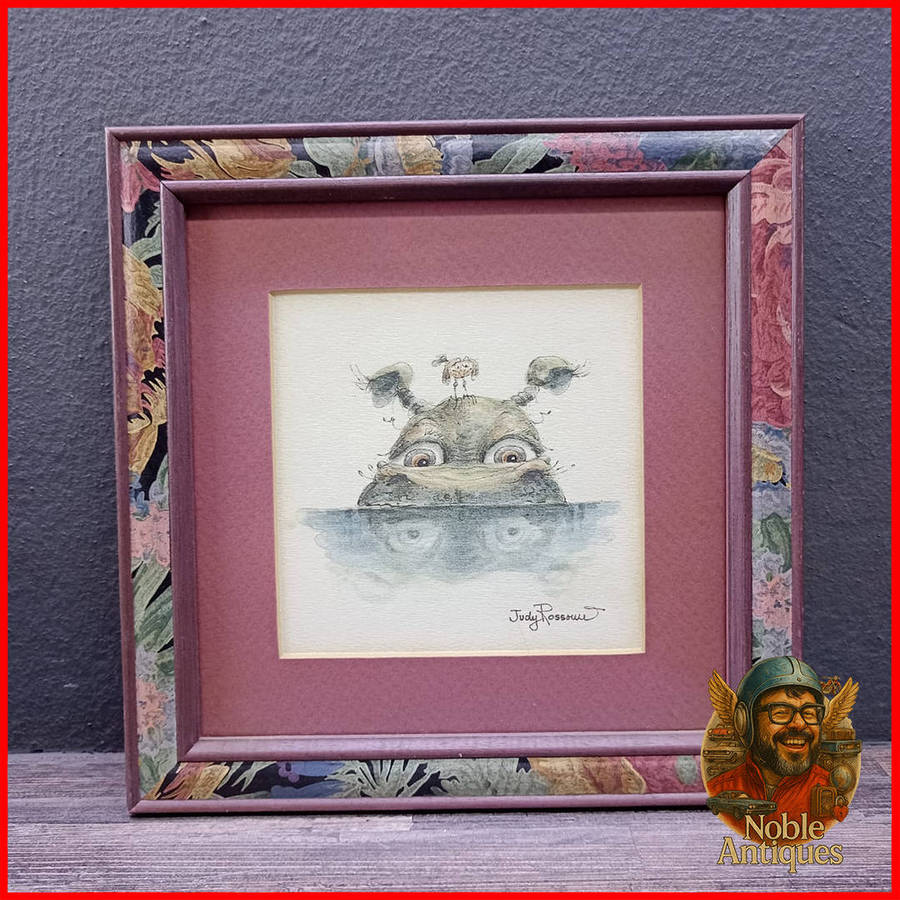 Framed Original "Hippo" by artist Judy Rossouw Pen and Watercolour
