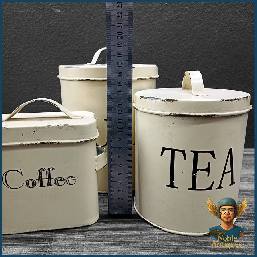 Three Vintage Metal Canisters For Storing Tea, Sugar, And Coffee