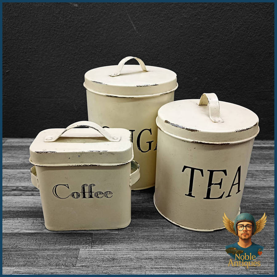 Three Vintage Metal Canisters For Storing Tea, Sugar, And Coffee