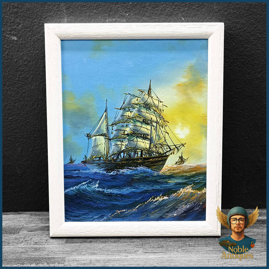 Vintage Framed Oil on Board Depicting A Clipper Ship At Sea