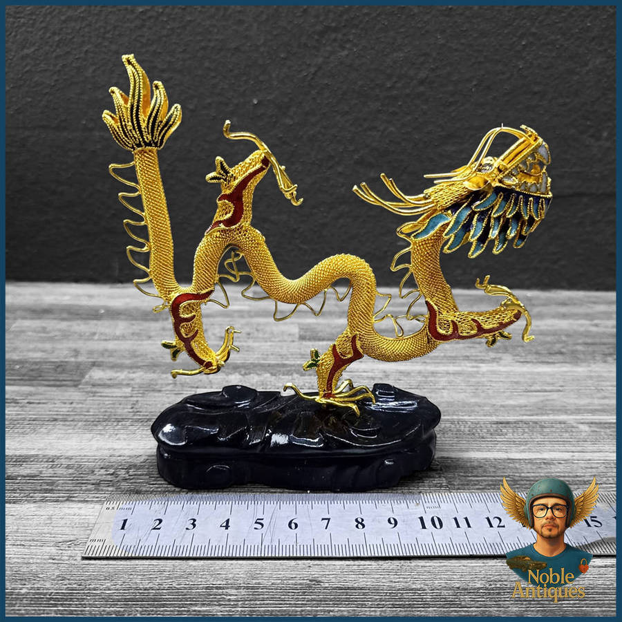 Filigree And Enamel Asian Dragon On Wooden Stand