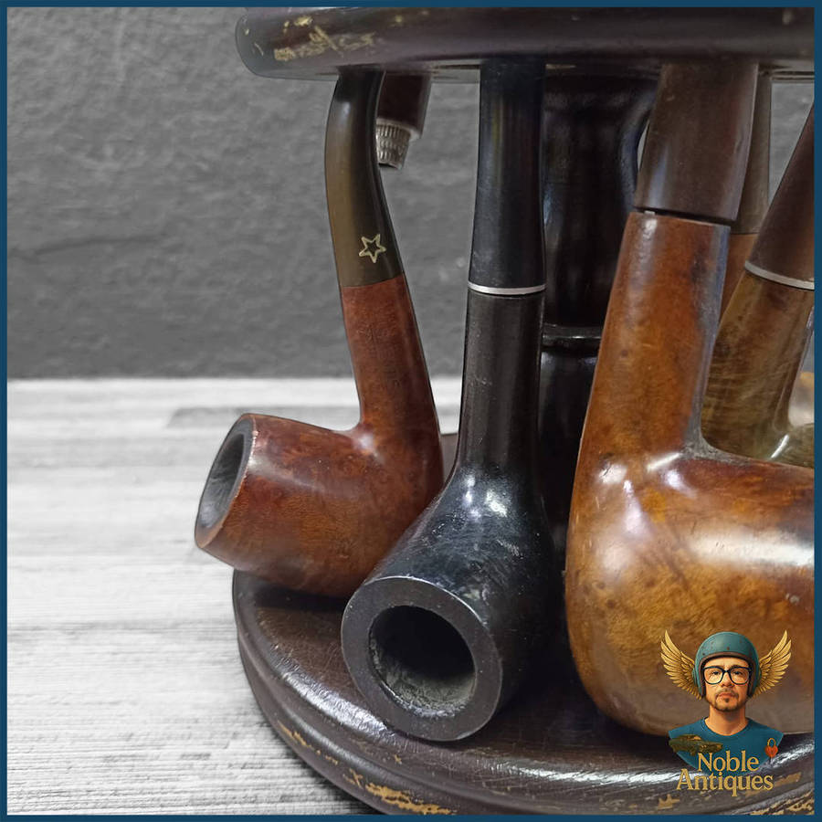 Vintage Ship's Wheel 8 Slot Pipe Stand With Pipes and Pipe Tool