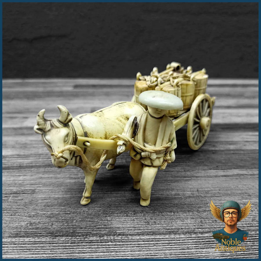 Vintage Japanese Celluloid Figurine Depicting An Ox-cart Scene