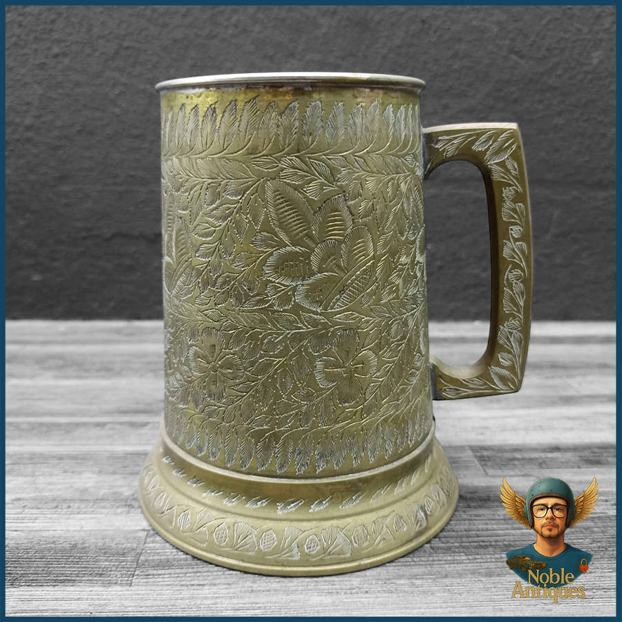 Large Vintage Hand-etched Brass Beer Mug Or Stein