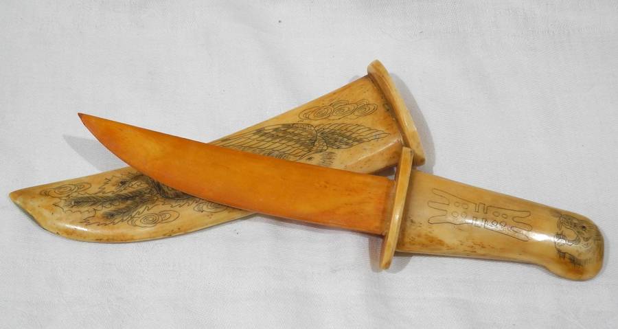 Asian Scrimshaw-Style Carved Dagger with Sheath