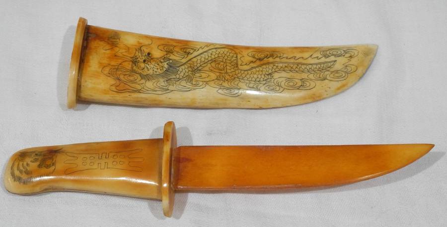Asian Scrimshaw-Style Carved Dagger with Sheath