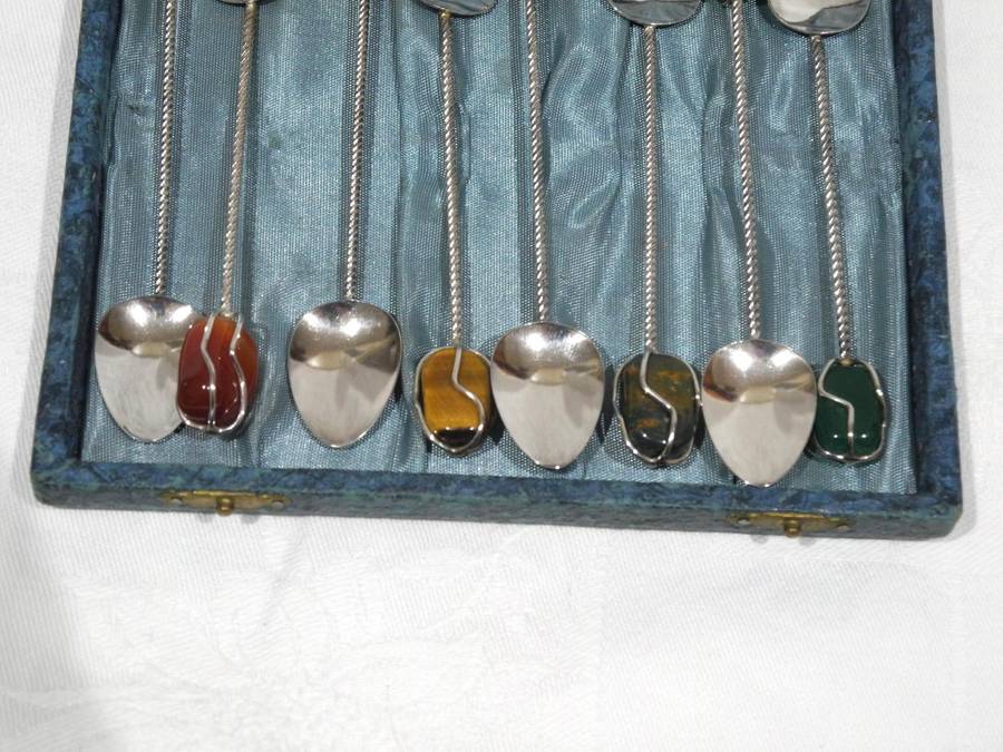 Silver Teaspoon Set With Polished Gemstone Handles