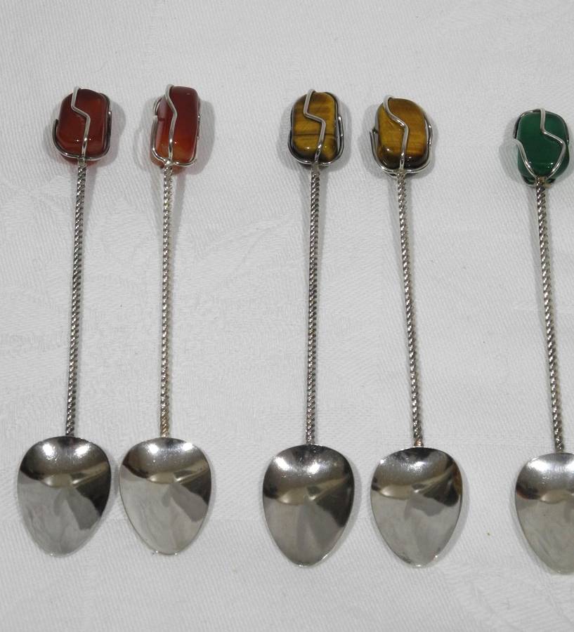 Silver Teaspoon Set With Polished Gemstone Handles