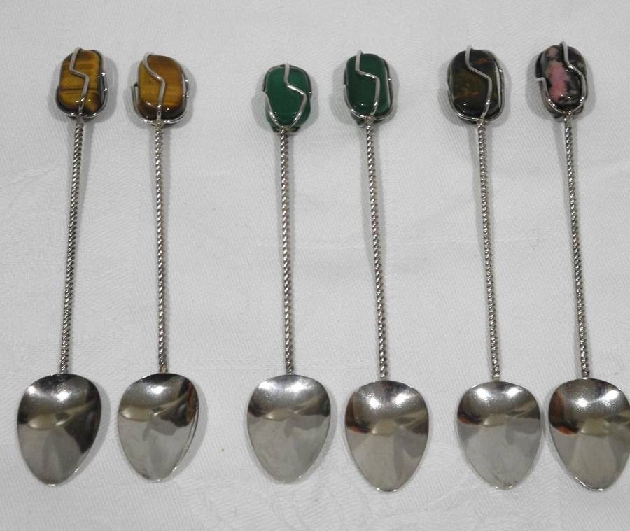 Silver Teaspoon Set With Polished Gemstone Handles