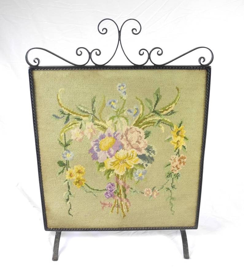 Vintage Wrought Iron Fire Screen with Floral Tapestry Panel