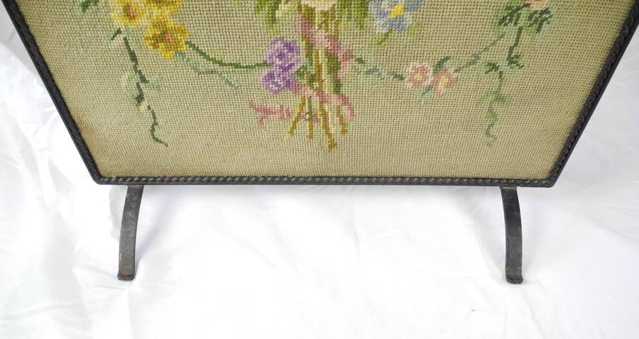 Vintage Wrought Iron Fire Screen with Floral Tapestry Panel