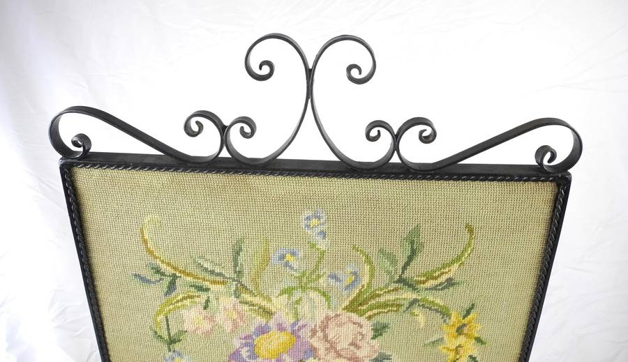 Vintage Wrought Iron Fire Screen with Floral Tapestry Panel