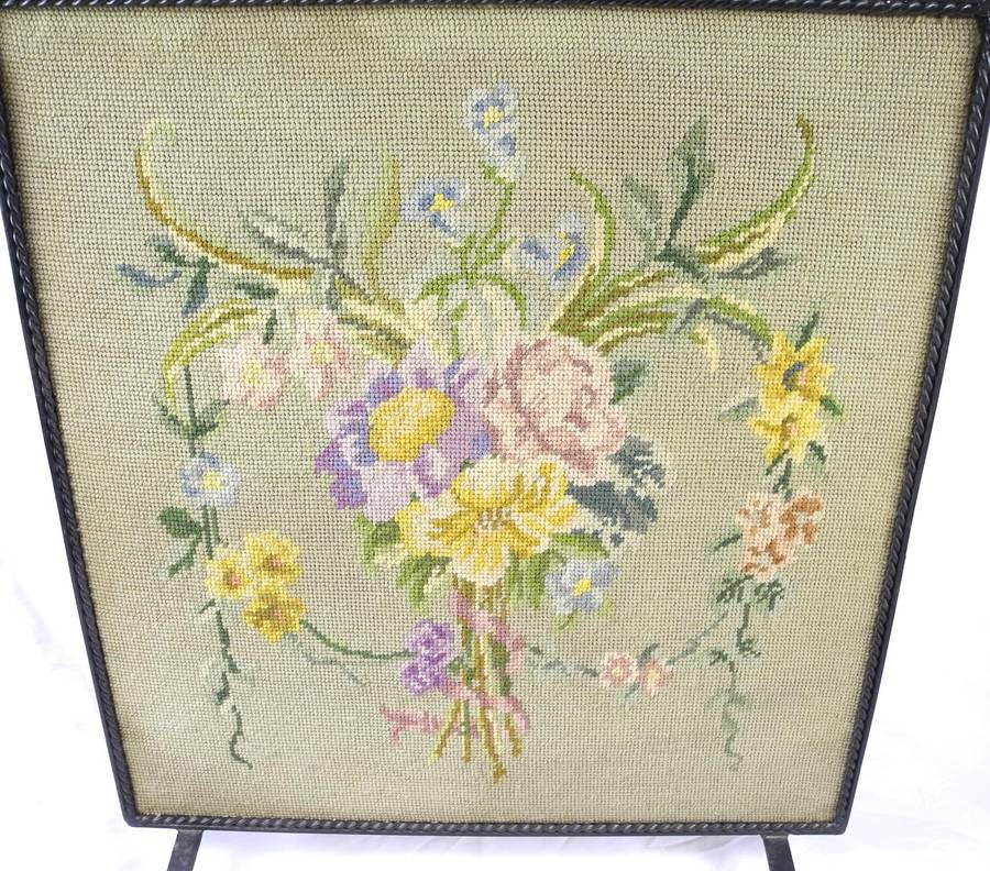 Vintage Wrought Iron Fire Screen with Floral Tapestry Panel