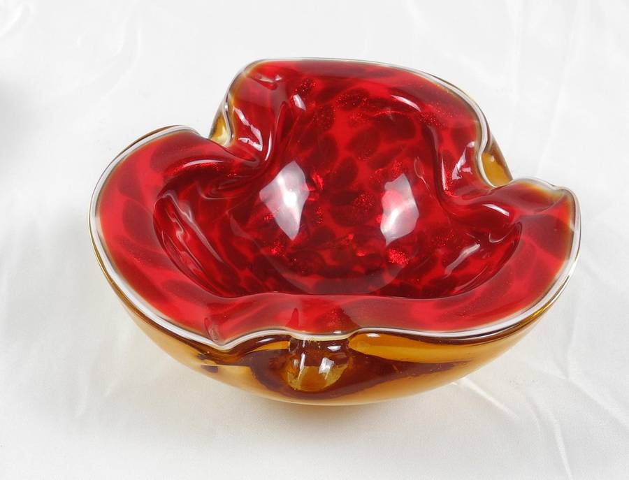 Mid-Century Modern Murano Sommerso Red and Amber Heavy Cased Glass  Bowl