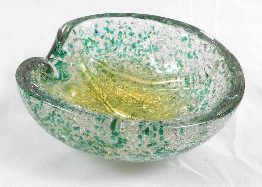 Mid-Century Modern Murano Green and Gold Flecked Bowl