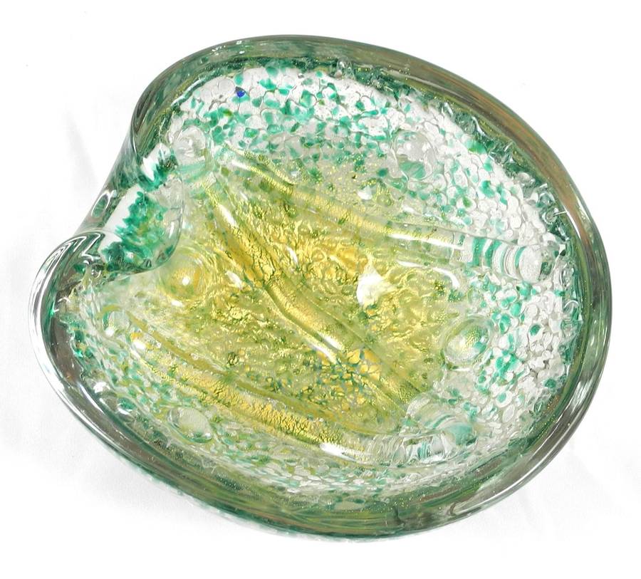 Mid-Century Modern Murano Green and Gold Flecked Bowl