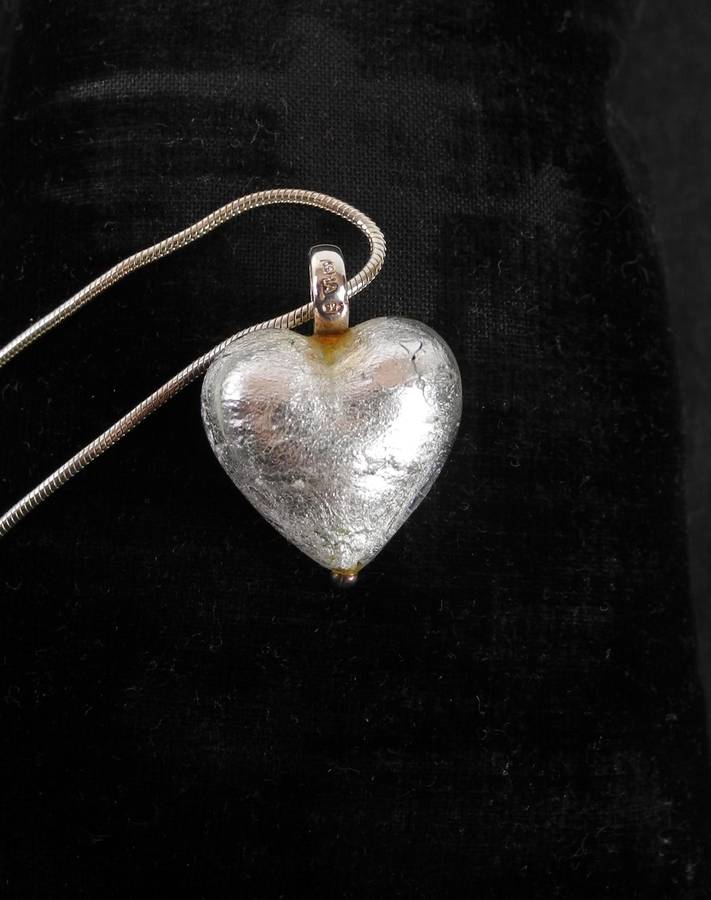 Vintage Sterling Silver, Foil and Glass Heart Pendant and Snake Chain (10.7g)