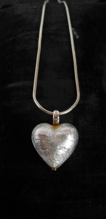 Vintage Sterling Silver, Foil and Glass Heart Pendant and Snake Chain (10.7g)
