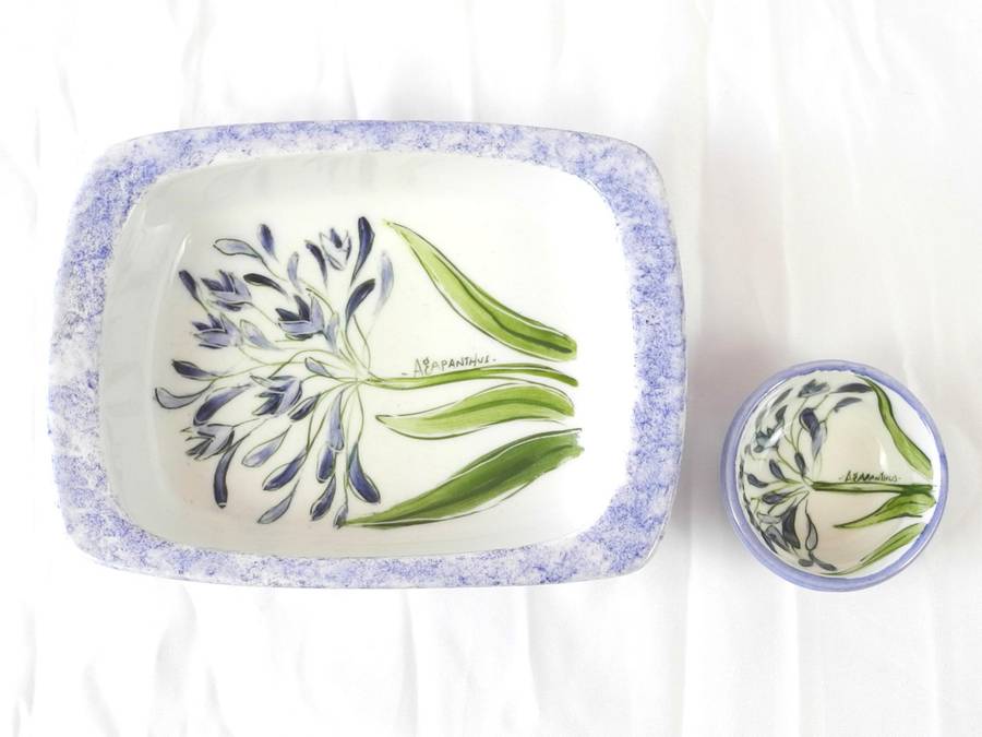 Hand painted ceramic dishes featuring the Agapanthus