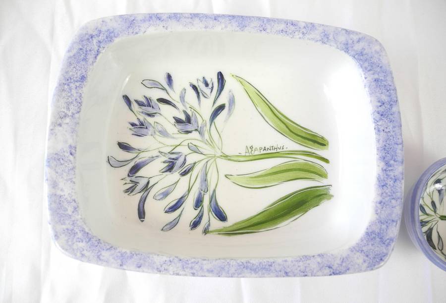Hand painted ceramic dishes featuring the Agapanthus