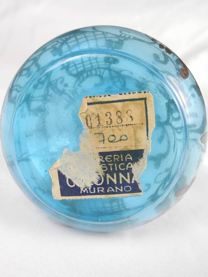 Vintage Murano Glass Vase - Elegant Blue with Gold Detailing and Signed Label