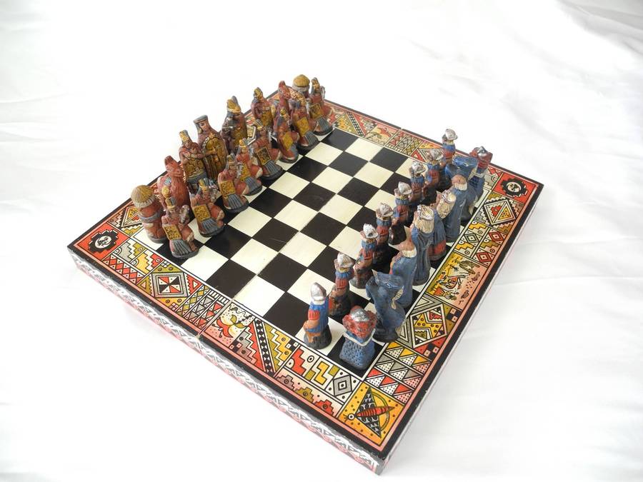 Vintage Handmade Terracotta Portable Chess Set  Incas vs Spanish Conquistadors
