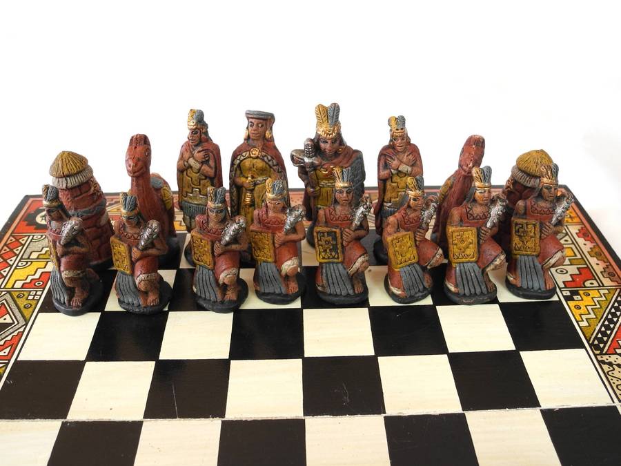 Vintage Handmade Terracotta Portable Chess Set  Incas vs Spanish Conquistadors