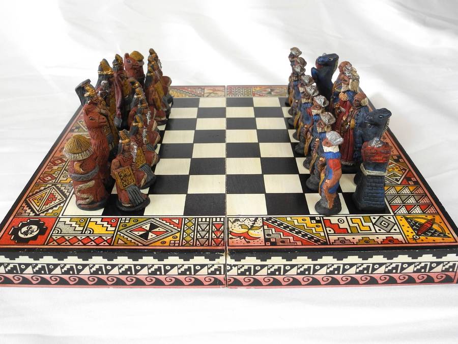 Vintage Handmade Terracotta Portable Chess Set  Incas vs Spanish Conquistadors