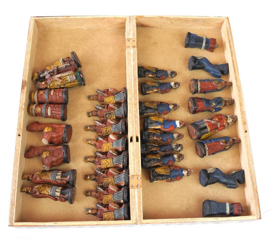 Vintage Handmade Terracotta Portable Chess Set  Incas vs Spanish Conquistadors