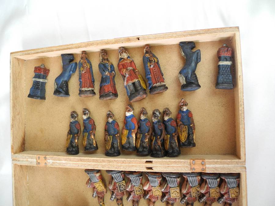 Vintage Handmade Terracotta Portable Chess Set  Incas vs Spanish Conquistadors
