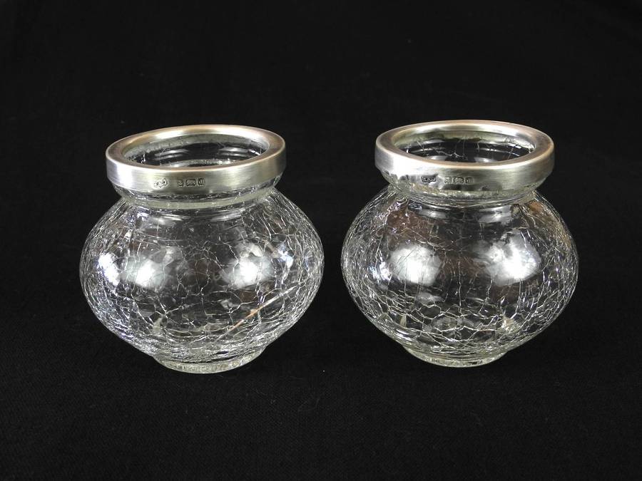 Two Antique .925 Sterling Silver Rimed Crackle Glass Vases (1903)