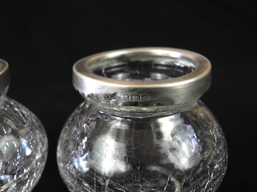 Two Antique .925 Sterling Silver Rimed Crackle Glass Vases (1903)