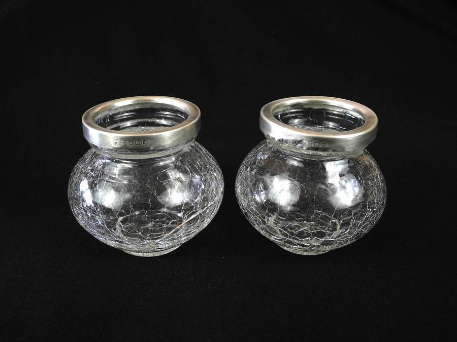 Two Antique .925 Sterling Silver Rimed Crackle Glass Vases (1903)